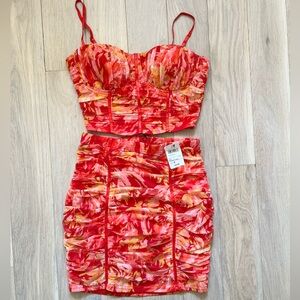 Windsor Red Floral Ruched Two-Piece Coord Crop Top & Skirt Matching Set Small